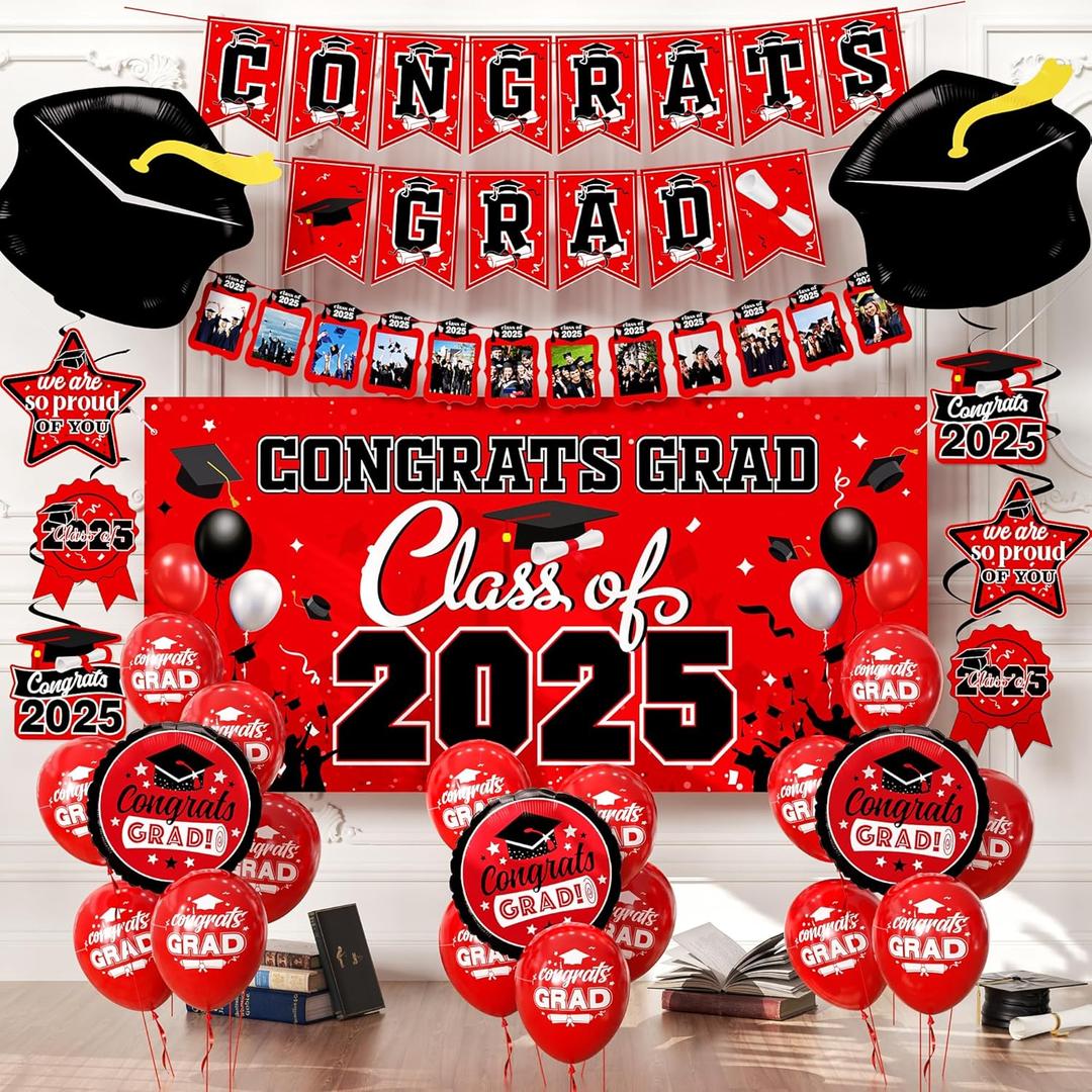 Graduation Decorations Class Of 2025,Graduation Backdrop Sign,Congrats Grad Banner,Hanging Swirls,Grad Balloons For Men Women Graduation Party Decorations (Bright Red)