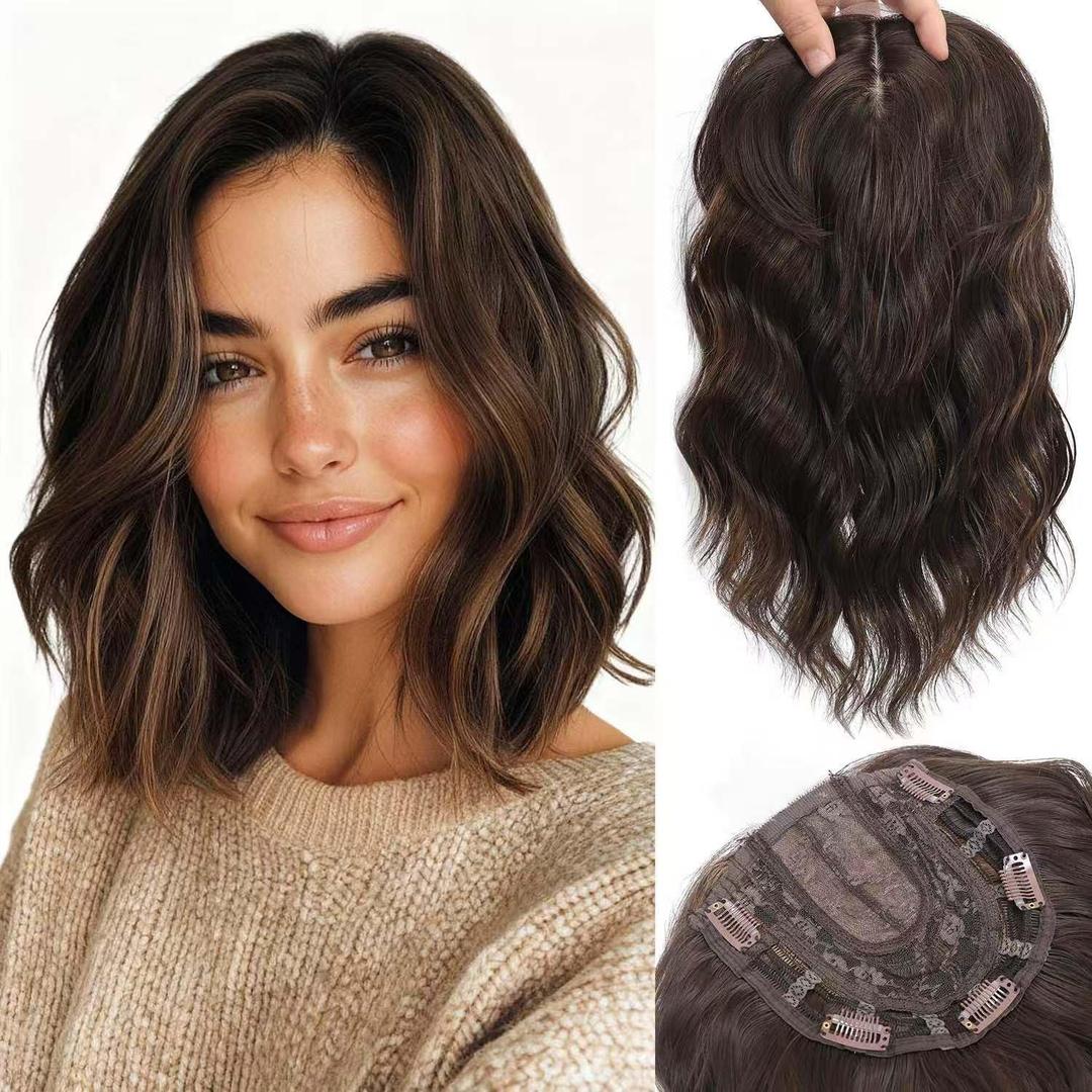 Kintama Highlight Dark Brown Hair Topper for Women with Bangs Clip in Hair Piece for Thinning Hair Volumizing Topper Wiglet for Instant Volume & Natural Look