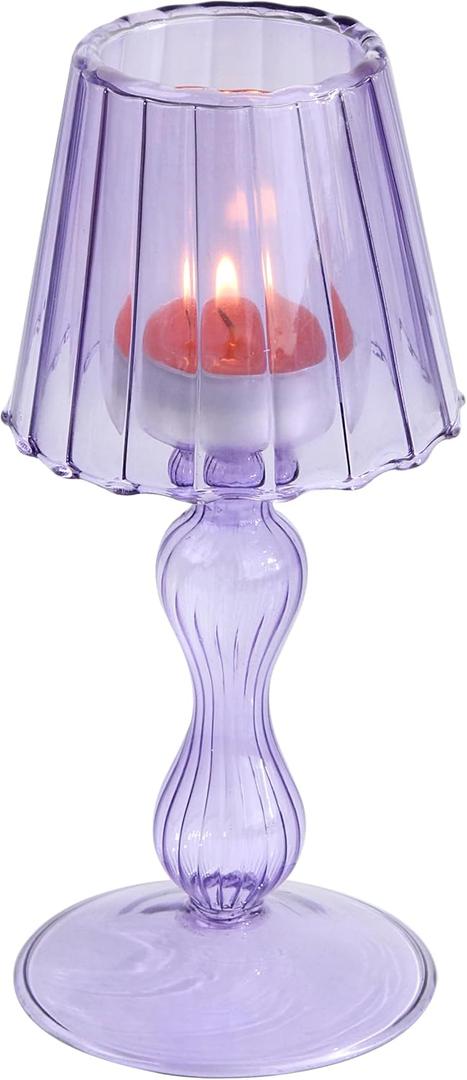 Desk Lamp Shaped Glass Candle Holder - Glass Hurricane Candleholder Crystal Decorative Candle Stand for Table Wedding Dinning Centerpieces Party Supplies Decor Purple