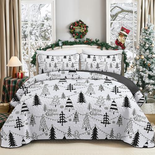 Luxudecor Christmas Quilt Set King Size 3 Pieces, Christmas Tree Bedspread with Pillow Shams, Soft Reversible Coverlet Xmas Bedding Set Holiday Decor 104"x90"