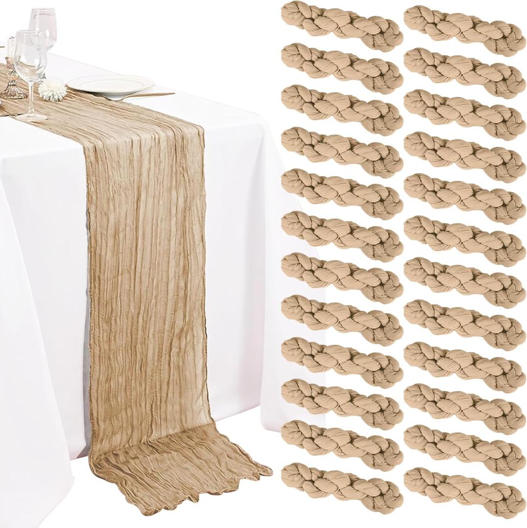 24 Pack Beige Cheesecloth Table Runner 20 x 120 inch Gauze 10FT Semi Sheer Boho Fabric Cheese Cloth Table Runner for Wedding Party Birthday Baby Bridal Shower