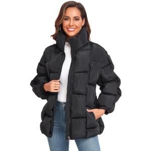 Epsion Womens Winter Casual Puffer Jacket Padded Long Sleeve Full Zipper Stand Collar Pockets Quilted Coats Outwear (X-Large, Black1)