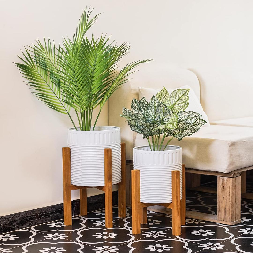 2-Piece White Metal Planter Set with Wood Stand, Indoor Mid Century Modern Planters with Drainage, 8" & 10"