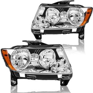 Headlights Assembly Pair for 2011-2013 Jeep Grand Cherokee / 2011-2017 Jeep Compass Halogen Headlamps Replacement Driver and Passenger Side (RH LH),Chrome Housing Amber Reflector