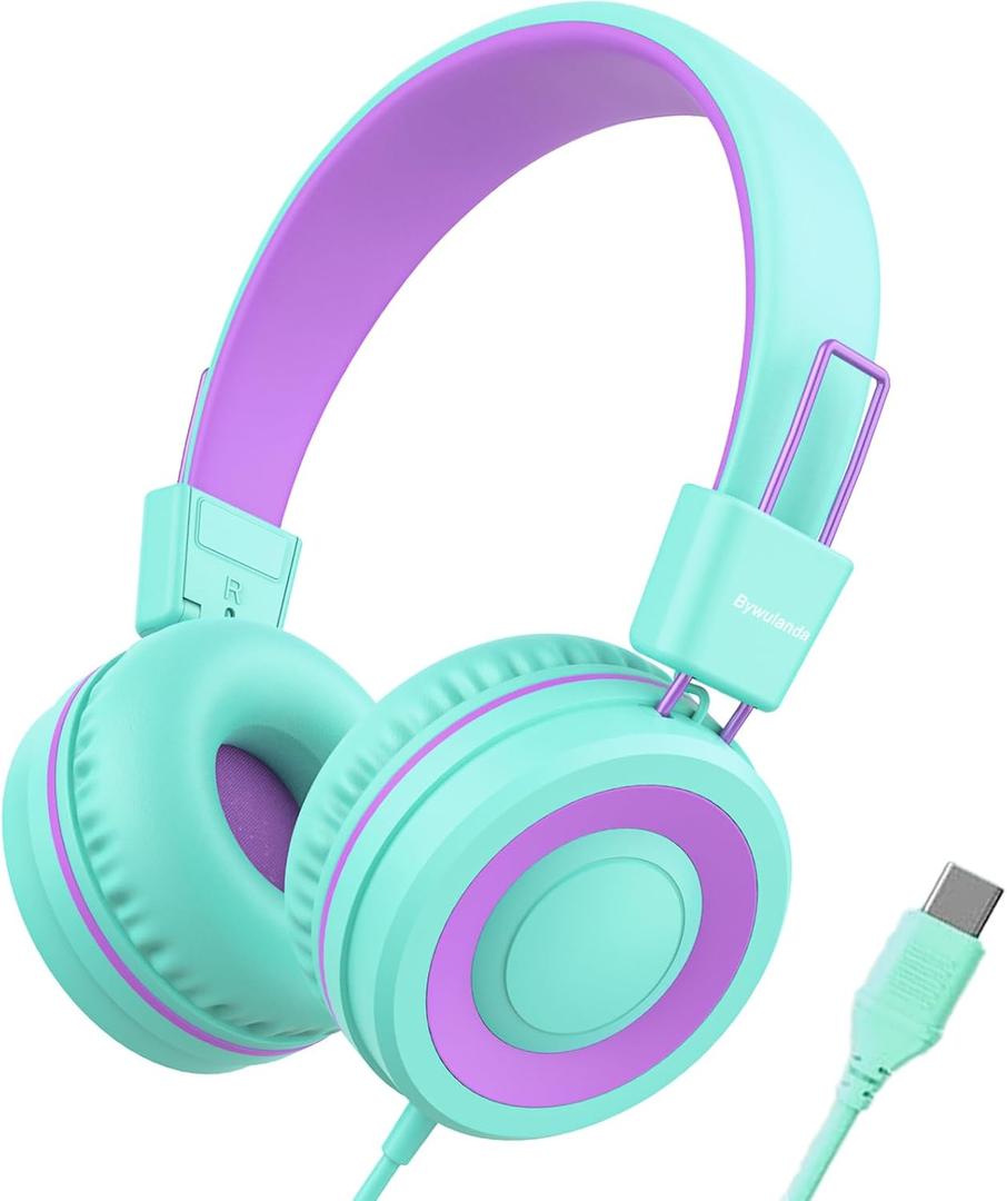 Upgrade USB Type C Kids Headphone for School, 94dB Safe Volume Limited, HD Stereo Sound, Foldable Lightweight On-Ear Headphones for Boys/Girls/Students/Tablet/Travel(Mint Green)