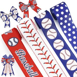 Baseball Wired Edge Ribbon for Gift Wrapping 2.5 Inch Red Blue Craft Ribbon Wired Fabric Ribbon for Sport Events DIY Bow Wreath Wrapping Supplies,2.5"*5 Yards, 4 Rolls Style B