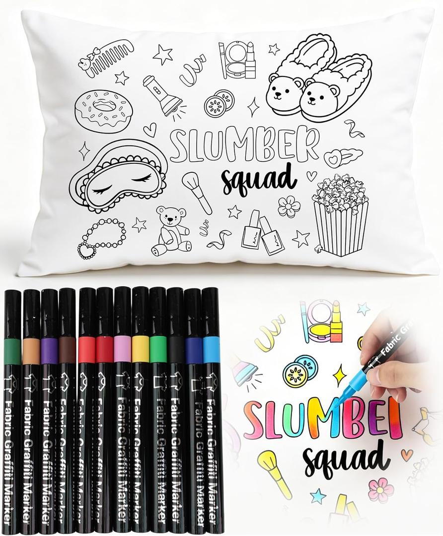 TOUROAM Slumber Party Coloring Pillowcase with 12 Pcs Fabric Markers, Color Your Own Pillowcase Kit for Pajama Party, Coloring Craft Decoration Supplies (26.7 x 18.5 Inch)