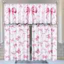 Breling 3 Pcs Pink Bow Kitchen Curtains Valances and Tiers Set for Windows Pink Bow Knot Coquette Decor Short Curtain Set for Bedroom Window Treatment Decor Wedding Party Favor Supplies