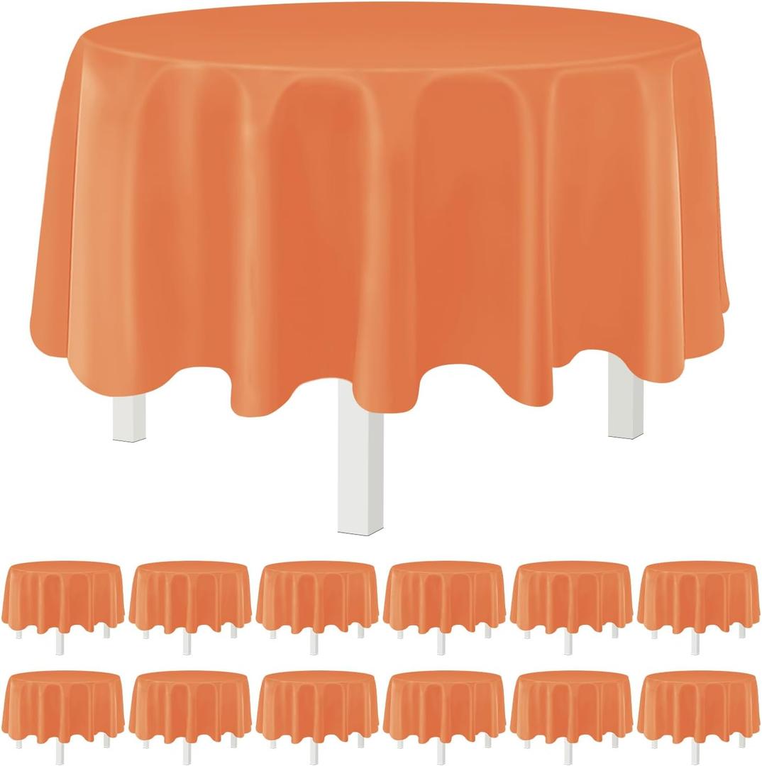 Orange 12 Pack Plastic Tablecloths 84" Disposable Round Table Cloth Plastic Table Cover for Party Disposable Tablecloths