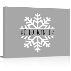Hello Winter Canvas Print Wall Art - Christmas White Snowflake on Grey Background - Wall Decor Modern Artwork Paintings Pictures for Living Room Stretched and Framed Ready to Hang - 24" x 36"