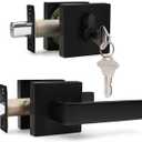 Probrico Flat Black Passage Door Lever with Single Cylinder Deadbolts Combo Pack, Modern Square Lock Set Handleset, Exterior Handle and Set
