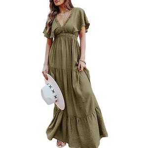 Amegoya Women's Summer Floral Print Maxi Dress Women Chiffon Long Flowy Bohemian Beach Party Dresses（XL Olive Green）