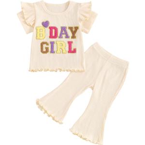 Babieshouse Toddler Baby Girl Birthday Outfit Ruffle Ribbed Short Sleeve T-Shirt Tops Flare Pants Bell Bottoms Clothes Set