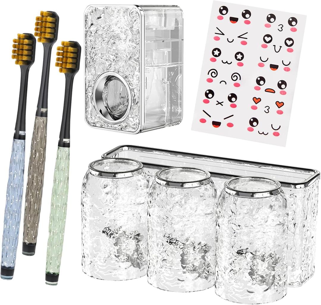 Toothbrush Holders Combo Set for Bathroom3 Cups Toothbrush Holder Wall Mounted with OrganizerGift 3 Count Ultra Fine Soft Bristle Crystal Tooth Brush and Wall Mounted Toothpaste Squeezer