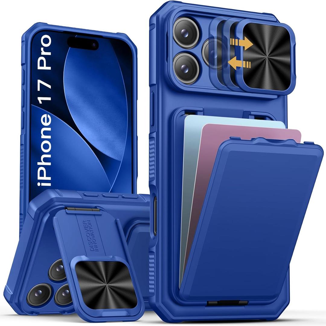 SSLOTSCASE for iPhone 17 Pro Case Wallet with Card Holder & Slide Camera Cover & Hidden Kickstand & Camera Cover Stand, Heavy Duty Rugged Protective Phone Case Cover for iPhone 17 Pro 2025, Royal Blue