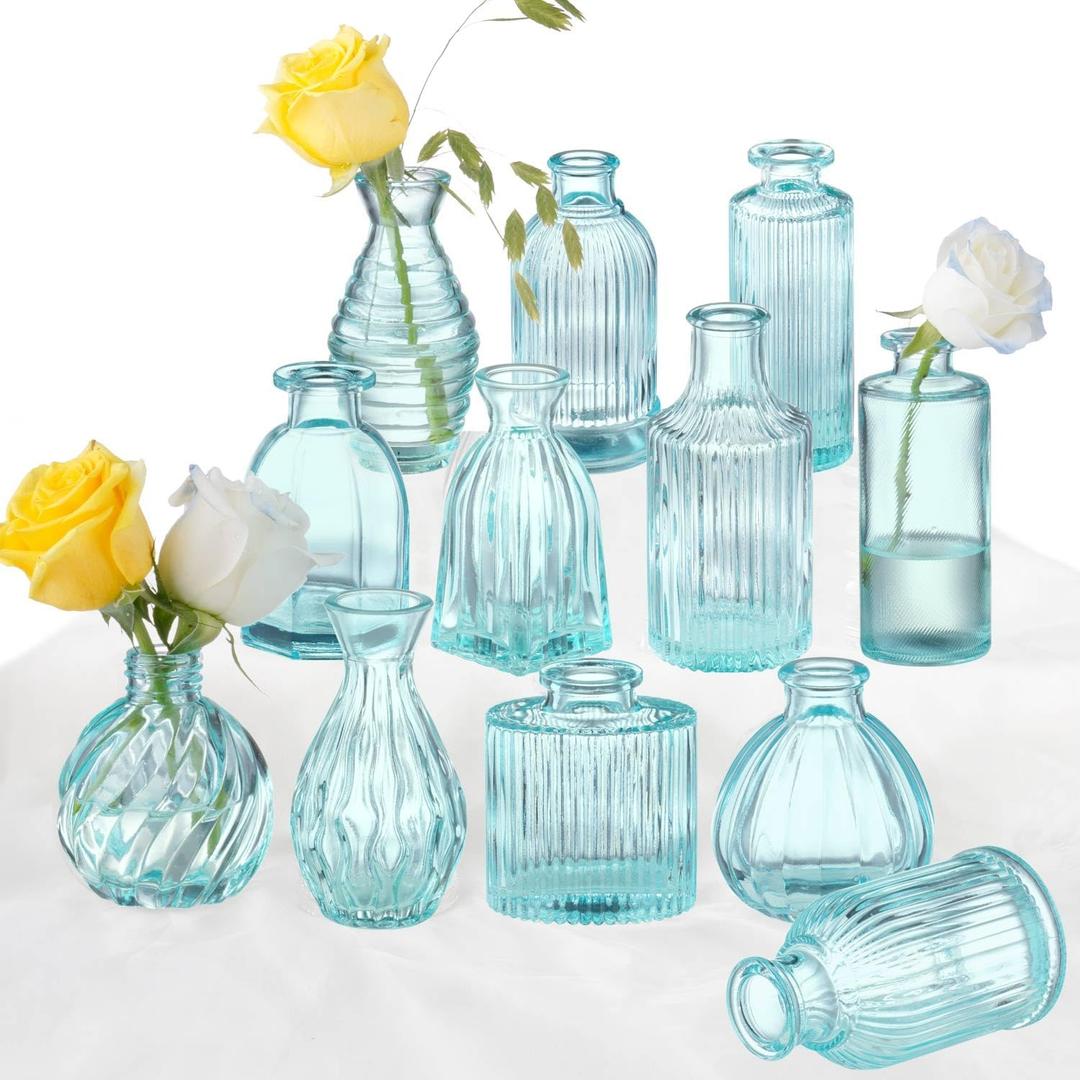 Bud Vases Set of 12, Blue Glass Vase Small Vintage Flower Vase for Decor Ribbed Glass Bud Vases in Bulk Wedding Decor Bridal Shower Party Centerpieces Home Room Table Decorations