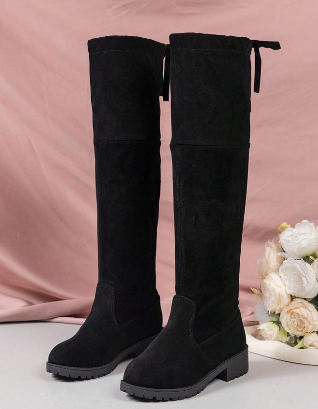 1 Pair Girls' Solid Color Suede Over-The-Knee Boots, Round Toe, Low Chunky Heel, Lace-Up Back, Elastic, Versatile For Daily Wear, 38