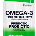 Omega-3 Fish Oil with Prebiotics & Probiotics – 1800mg EPA & DHA Supplement for Heart, Brain, and Gut Health – 20 Billion CFU, Inulin Fiber, Burpless Lemon-Flavored Softgels