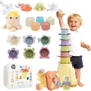 BYFWH Baby Stacking Toy for Toddler 1-3, Toddler Nesting Cup Shape Sorter for Infant 12-18 Month, 4 in 1 Kids Learning Stackable Block for Sand & Bath, Birthday Gift for Girls Boys 1 2 3