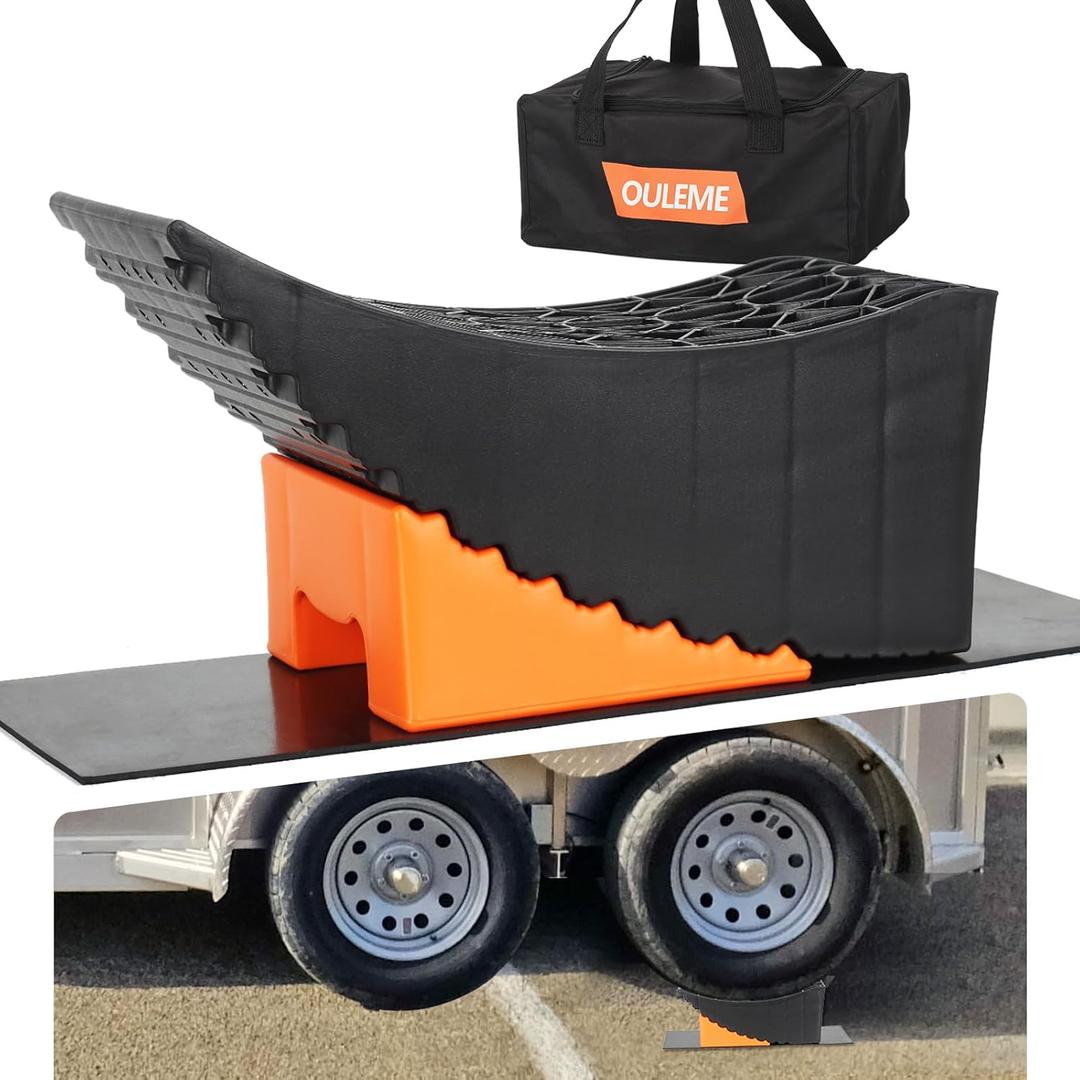 OULEME Raised Tire Change Ramp, Curved Leveling Blocks, for RV Camper Trailer Tire Lifts up to 6" with Wheel Chock, Rubber Pad, Dual Axle Tandem Wheel Aid (1 Pack)