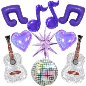 Kpop Girl Group Party Balloons,Purple Music Note Foil Balloons, Disco Ball/Guitar Balloons for Rock and Roll Music Party Decoration,Concert Night/Demon Hunt Party Supplies