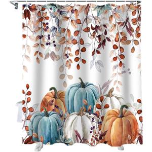 Fall Thanksgiving Shower Curtain, Watercolor Autumn Pumpkins Eucalyptus Leaves Shower Curtains Set with Hooks, Blue Orange Waterproof FabricBathroom Decor Home Accessories,72 X 78 Inch Long