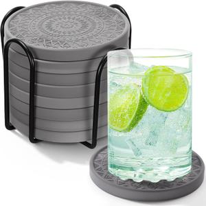 Photect Diatomaceous Earth Coasters Set with Holder Absorbent Stone Drink Coasters Instant Drying Tray for Tabletop Protection Home Decoration Housewarming Gift (Black,8 Pcs)