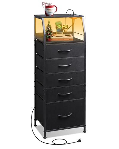WLIVE LED Nightstand with Charging Station, Fabric Dresser with 5 Drawers for Bedroom, Tall Night Stand with Open Shelves, Bed Side Tables Living Room, Black