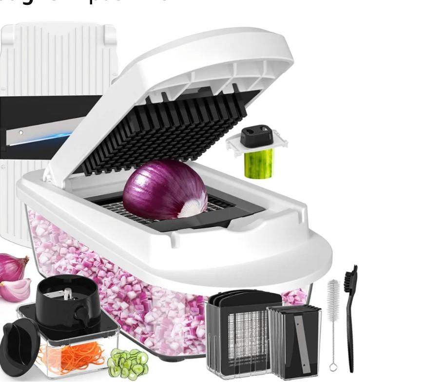 12 Blade All-in-1 Vegetable Chopper Mandoline Slicer with Container, Spiralizer with Containers, Food Chopper, Onion Chopper, Veggie Cutter for Salad, Kitchen Gadgets Accessories Essentials, White