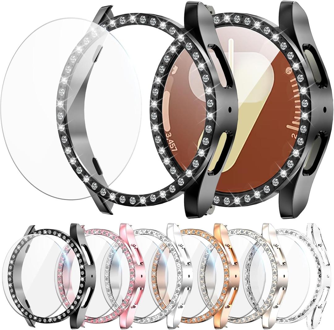 6+6 Pack Bling Case for Samsung Galaxy Watch 7 40mm Screen Protector, Sparkling Rhinestone Hard PC Case + HD Anti-Fog Tempered Glass Film, Waterproof Face Cover Set for Galaxy Watch 7 40mm (Black/Pink/Silver/Rose Gold/Starlight/Clear)