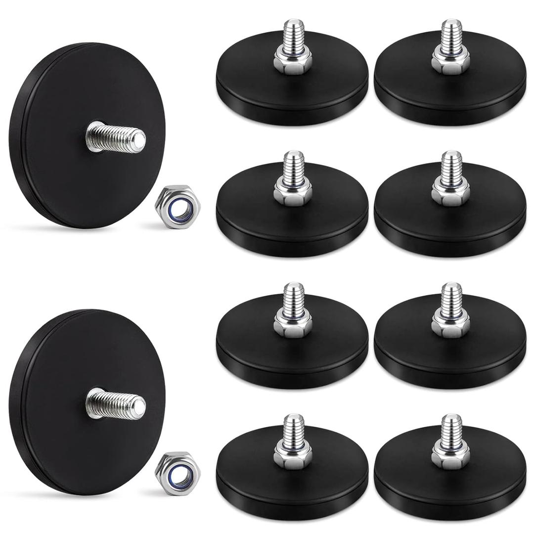 Learay 10 Pack Rubber Coated Magnets, 31LBS Neodymium Magnet Base with M6 Threaded Studs, Strong Mounting Stud Magnet Black Rare Earth Magnets for Light Bar Mirror Camera Tool