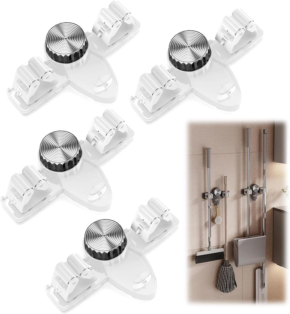4 Pack Broom Holder Mop Hanger Wall Mount, No Drill Suction Cup Mop and Broom Organizer with Hooks, Space Saving Adjustable Rack Removable Mop Clip for Bathroom, Kitchen, Garage, Laundry Room