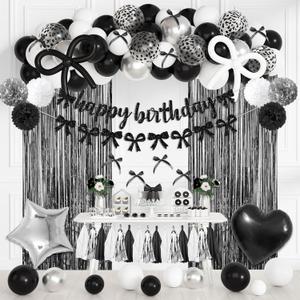 Black Bow Birthday Party Decorations, Coquette Bow Black and White Silver Confetti Long Balloons Happy Birthday Banner Fringe Curtain Tassel Pompoms for Women Girls Theme Baby Shower Party Supplies