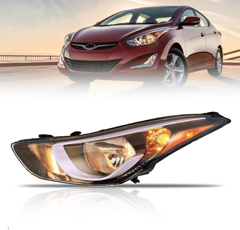 Headlight Assembly for 2014 2015 2016 Hyundai Elantra, (All Bulbs Included) Left Driver Side Halogen Headlamp Assembly With Clear Lens Black Housing Amber Reflector, 921013Y500