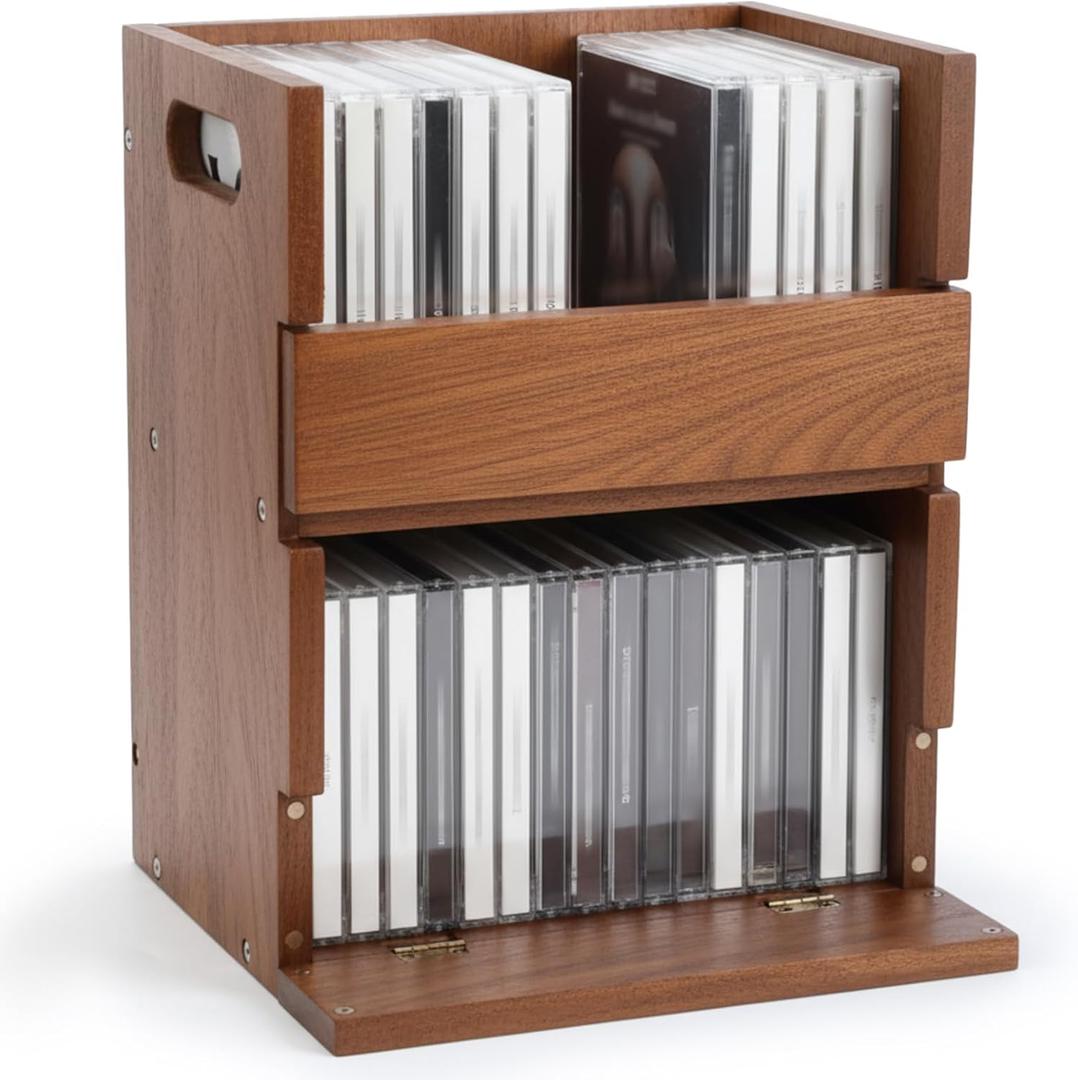 1 Set Wooden Cd Storage Box Holder Racks Cassette Tape Display Stand With Carrying Handles, Holds 42 Cd Case, Acacia Wood Shelf for Movie Cases, Dvds Organizer (Natural)