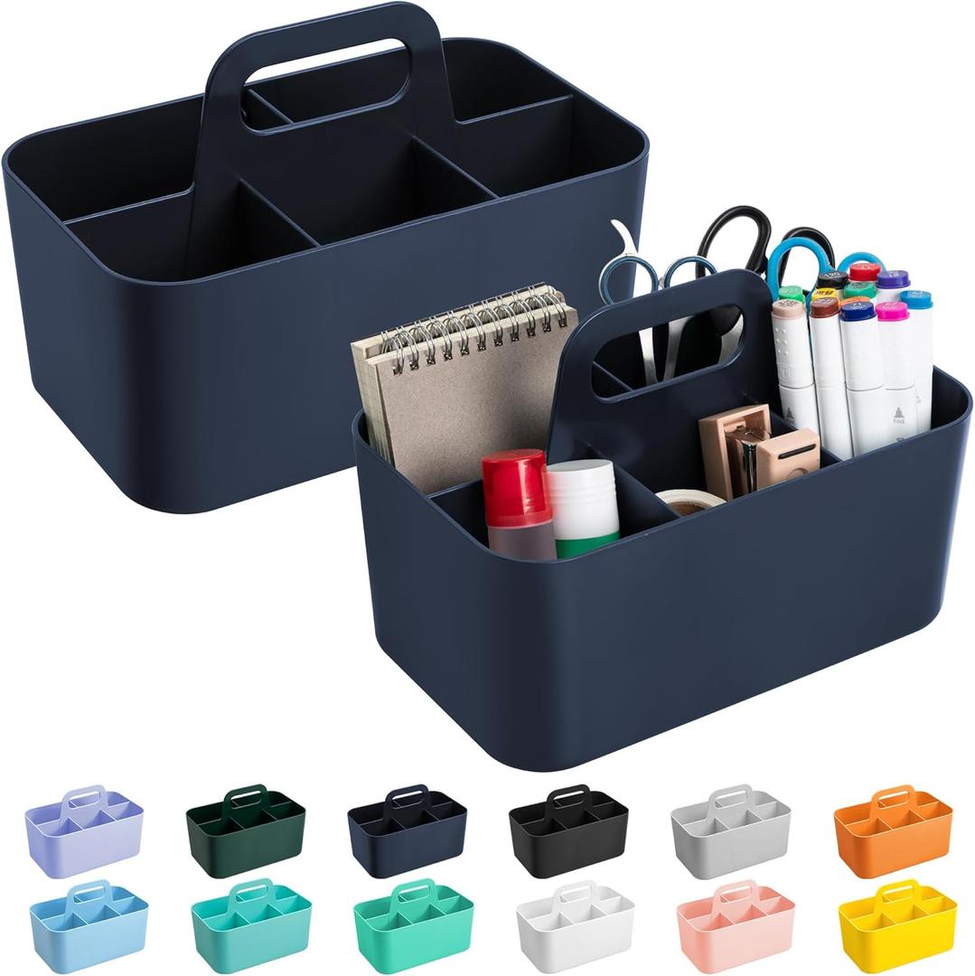 Tiawudi 2 Pack Caddy Organizer with Handle, Portable Plastic Caddy, Storage Organization for Cleaning, Bath, Makeup, Art, Craft, Stationery, Classroom and Office, Tote Organizer (Rectangle, Dark Blue)