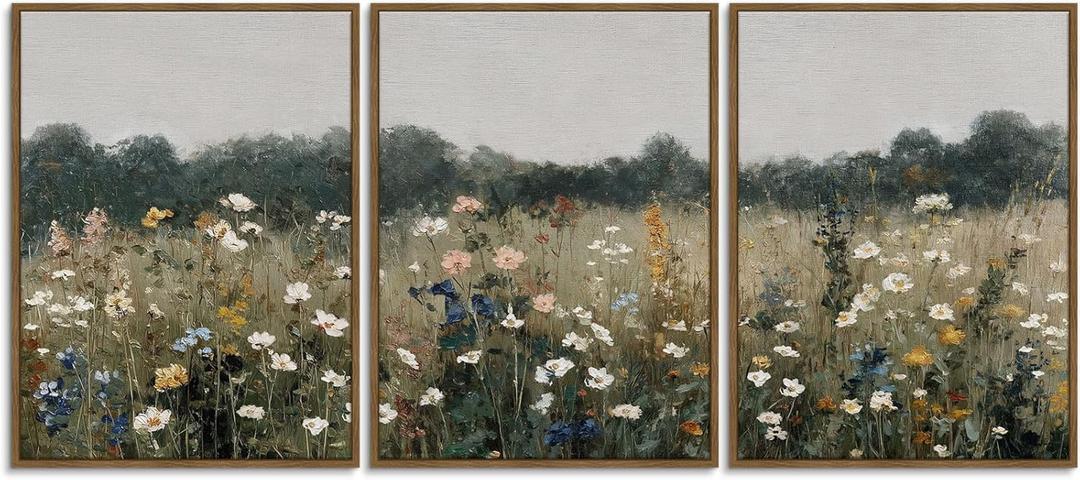 Vintage Meadow Landscape Country Wall Art Framed Canvas Prints Art Decor, Retro Scenery Antique Painting Rustic Spring for Living Room Bedroom Home Bathroom Wall Decoration, 12x16inch, Set of 3