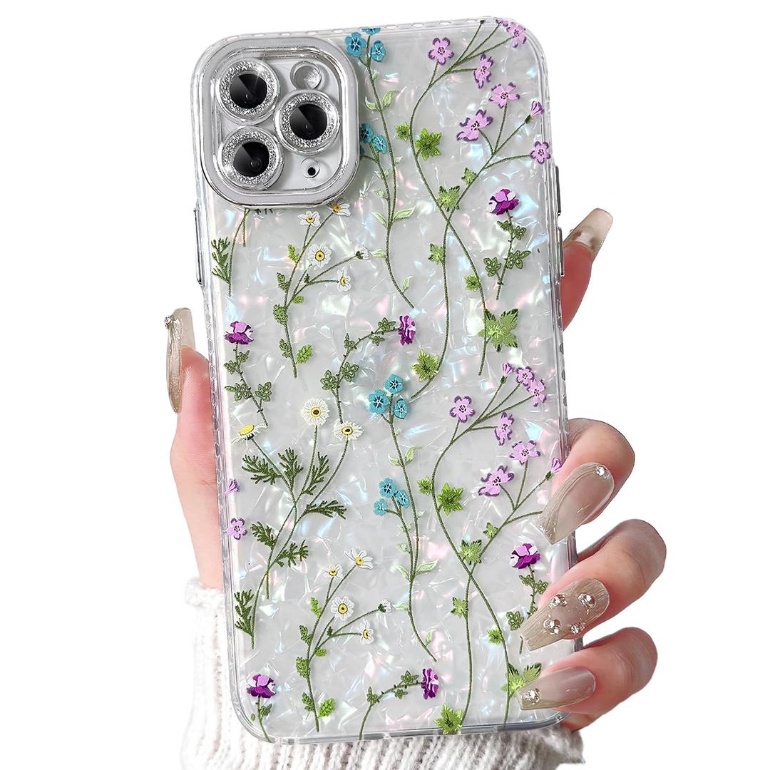 NITITOP Compatible with iPhone 11 Pro Case Cute Flower Floral Shell Textures for Girls Women Soft TPU Slim Hard Back with Lens Protective Phone Cover - Cirrus, Pack Of 4