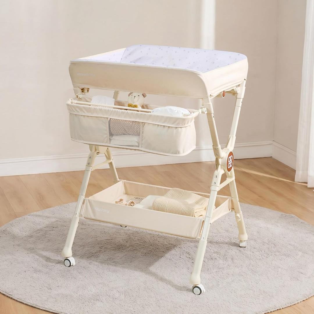 Maydolly Changing TablePortable Diaper Changing Station, Foldable Baby Changing Table,Compact Nursery Diaper Changing Table for BabyAdjustable HeightMobile on Wheels (Beige)
