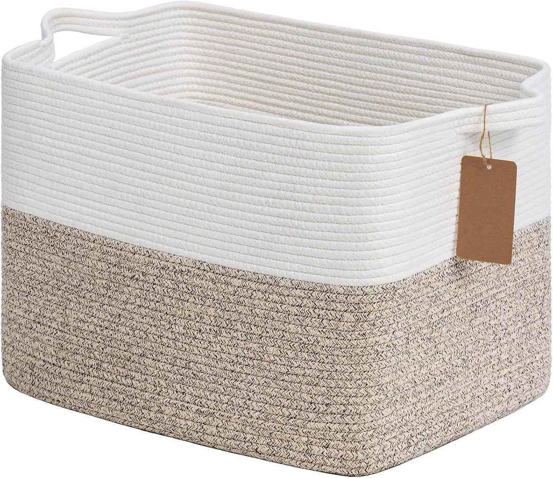 2 PACK Goodpick Woven Storage Baskets for Organizing, Blanket Basket Living Room, Rope Baskets for Storage, Rectangle Toy Basket With Handles, Brown and White, 18 x 14 x 12 Inches