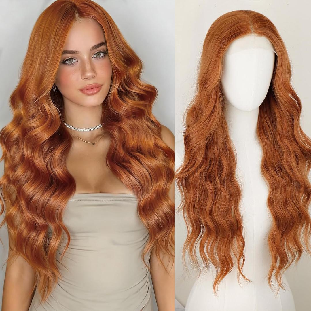 SUKRI 46 Ginger Synthetic Lace Front Wigs for Women -26 Inch Long Wavy Pre Plucked Lace Front Wig Heat Resistant Orange Synthetic Hair Natural Hairline For Daily Party Use