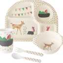 Qshare Bamboo Toddler Dinnerware Set,5Pcs Baby Plates Set,Bamboo Plates and Bowls Set,Christmas Dinnerware Set, Kids Dishes with Plate,Bowl,Cup,Fork and Spoon