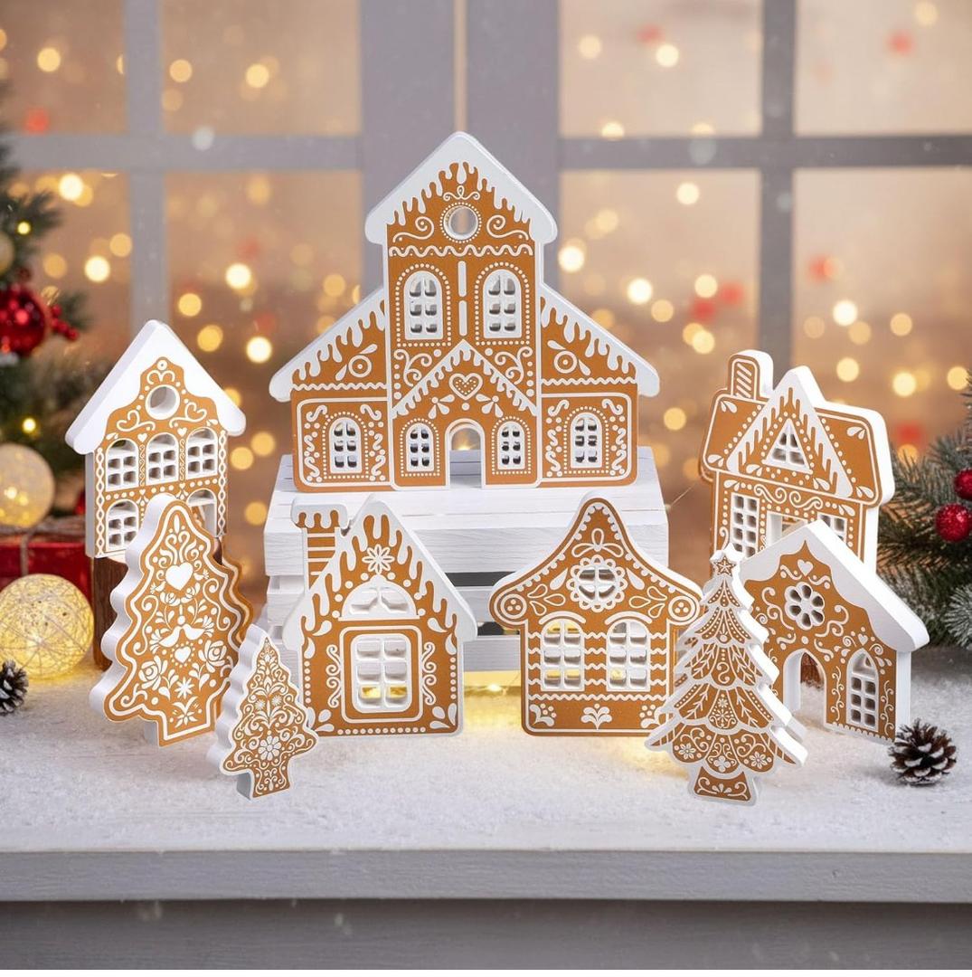 Faccito 9 Pcs Wood Gingerbread House Decor Sets Christmas Village Bulk Wooden Christmas Tree Centerpiece Winter Desk Shelf Ornament for Mantel Window Xmas Tabletop Farmhouse Indoor Decorations