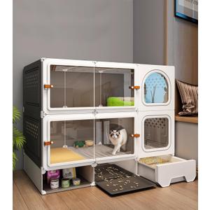 Cat Cage Cat Enclosure with Litter Box & Clear Sliding Door, Expandable Cat Playpen, Detachable Metal, Cat Cage Indoor and Outdoor, Ferret Cage, Rabbit Cage (Two Layers with Storage Space)