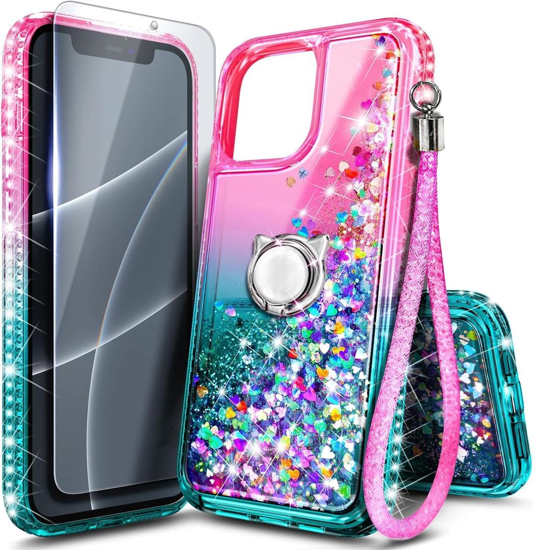 NGB Designed for iPhone 16 Pro-Max Case, Pink/Aqua | Glitter Liquid Sparkle Cute Cover for Women Girls Kids | with Tempered Glass Screen Protector & Ring Holder & Wrist Strap