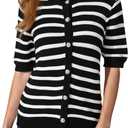 OYOANGLE Women's Short Sleeve Sweater Spring Summer Crochet Knit Top V Neck Striped Button Down Dressy Casual Blouse (M)