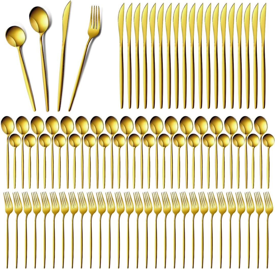 Yaomiao 400 Pcs Gold Silverware Set with Knives Spoons and Forks Portable Stainless Steel Flatware Reusable Utensils Dishwasher Safe Cutlery for Kitchen Restaurant Service