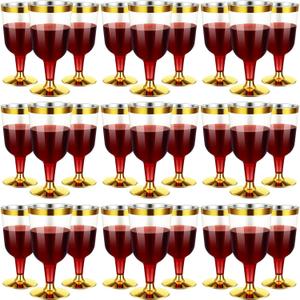 CHENGU 100 Pieces Plastic Disposable Wine Glasses with Gold Rim 7 Oz Clear Hard Plastic Fancy Wine Cups with Stem for Wedding Birthday Anniversary Party Supplies