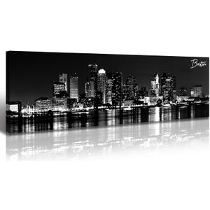 DJSYLIFE Boston Skyline Wall Art Canvas Wall Art Black and White Modern Panoramic Cityscape Pictures Paintings for Bedroom Office Decor, Ready to Hang 13.8"x47.3"