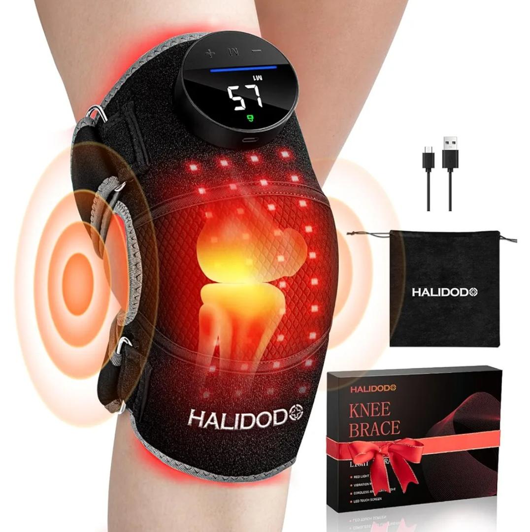 HALIDODO Red Light Therapy & Vibration Massage Knee Brace - Wireless Rechargeable Controller, 660nm & 850nm Red Light Therapy Heated Device for Knee/Joint/Elbow/Shoulder
